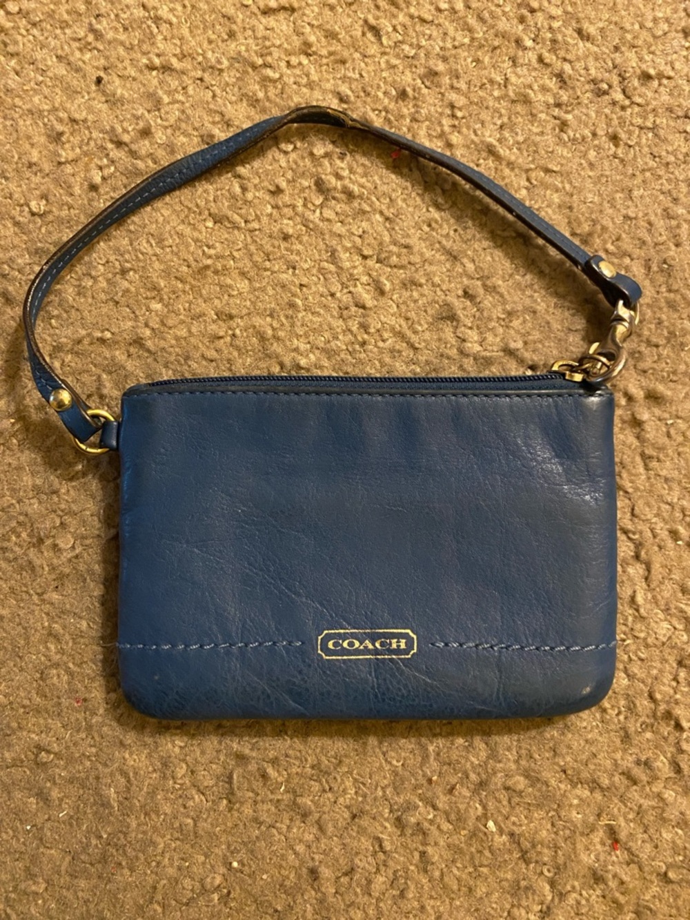 Coach Dark Teal Blue Leather Wristlet with Gold Logo